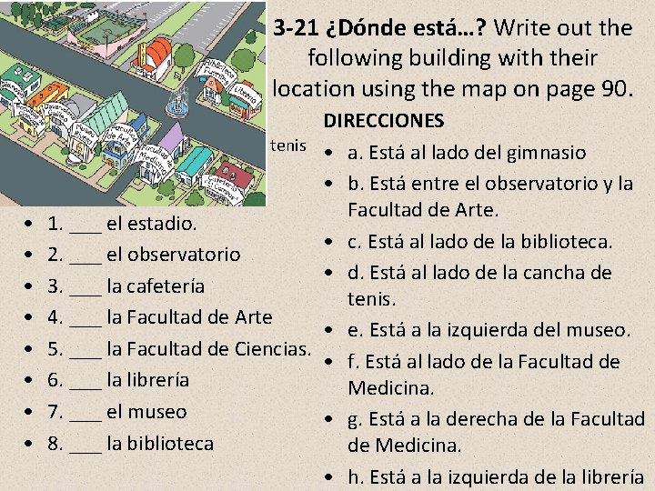 3 -21 ¿Dónde está…? Write out the following building with their location using the