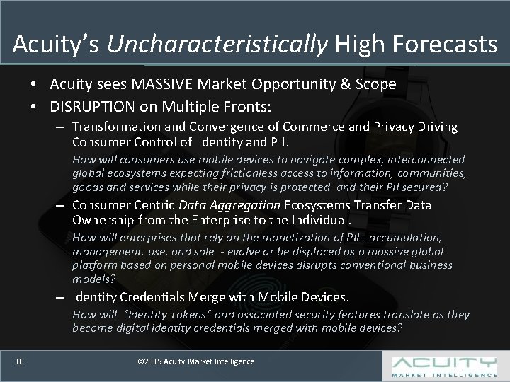 Acuity’s Uncharacteristically High Forecasts • Acuity sees MASSIVE Market Opportunity & Scope • DISRUPTION