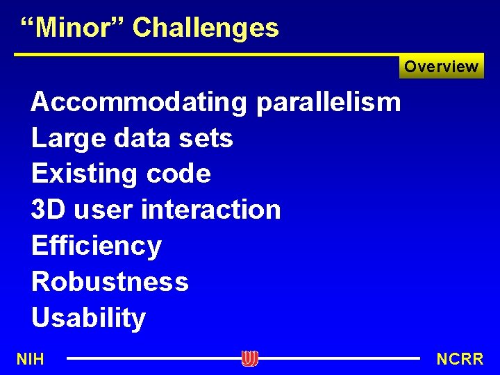 “Minor” Challenges Overview Accommodating parallelism Large data sets Existing code 3 D user interaction