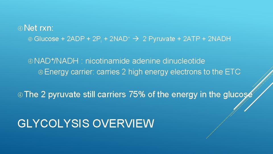  Net rxn: Glucose + 2 ADP + 2 Pi + 2 NAD+ 2
