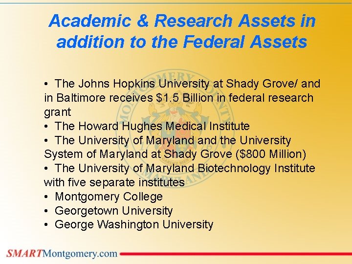 Academic & Research Assets in addition to the Federal Assets • The Johns Hopkins