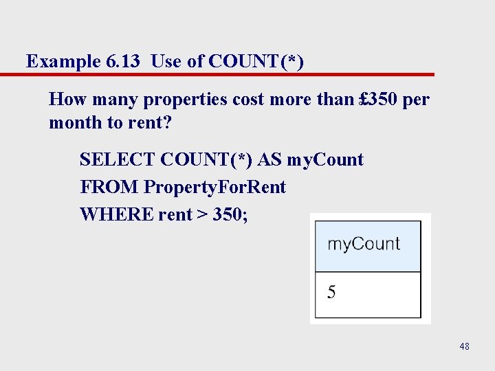 Example 6. 13 Use of COUNT(*) How many properties cost more than £ 350 Example 6. 13 Use of COUNT(*) How many properties cost more than £ 350