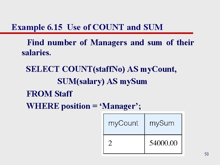 Example 6. 15 Use of COUNT and SUM Find number of Managers and sum Example 6. 15 Use of COUNT and SUM Find number of Managers and sum