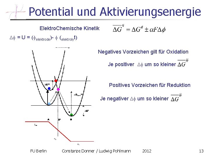 Potential und Aktivierungsenergie Elektro. Chemische Kinetik = U = ( elektrode)- (elektrolyt) Negatives Vorzeichen