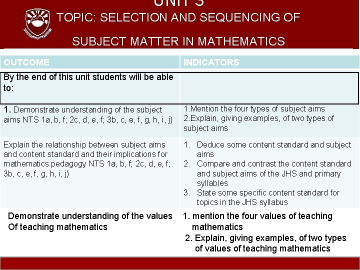 UNIT 3 TOPIC: SELECTION AND SEQUENCING OF SUBJECT MATTER IN MATHEMATICS OUTCOME INDICATORS By