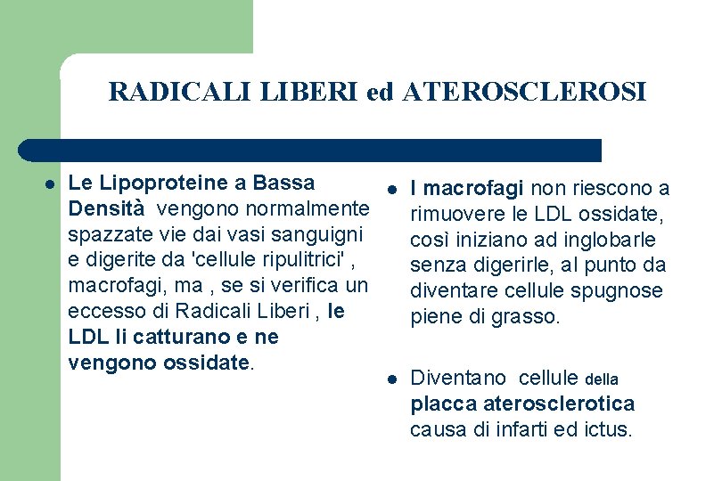 RADICALI LIBERI ed ATEROSCLEROSI l Le Lipoproteine a Bassa Densità vengono normalmente spazzate vie