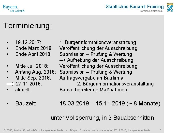 Staatliches Bauamt Freising Bereich Straßenbau Terminierung: • • 1. Bürgerinformationsveranstaltung Veröffentlichung der Ausschreibung Submission