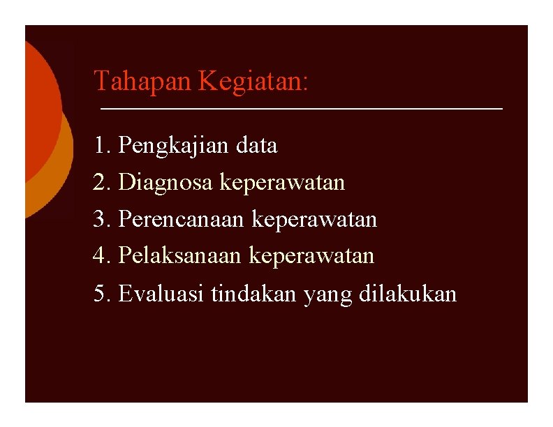 Tahapan Kegiatan: 1. Pengkajian data 2. Diagnosa keperawatan 3. Perencanaan keperawatan 4. Pelaksanaan keperawatan