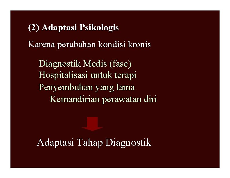 (2) Adaptasi Psikologis Karena perubahan kondisi kronis Diagnostik Medis (fase) Hospitalisasi untuk terapi Penyembuhan