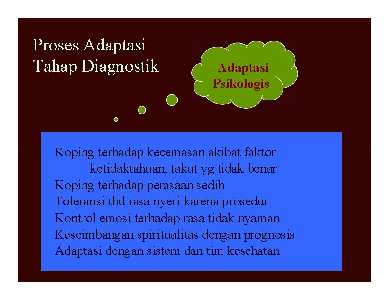 Proses Adaptasi Tahap Diagnostik Adaptasi Psikologis Koping terhadap kecemasan akibat faktor ketidaktahuan, takut yg