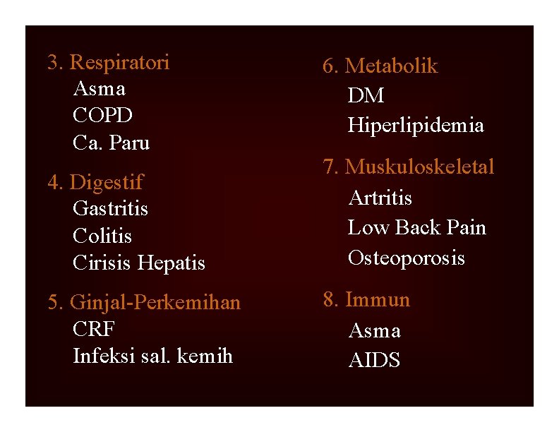 3. Respiratori Asma COPD Ca. Paru 6. Metabolik DM Hiperlipidemia 4. Digestif Gastritis Colitis