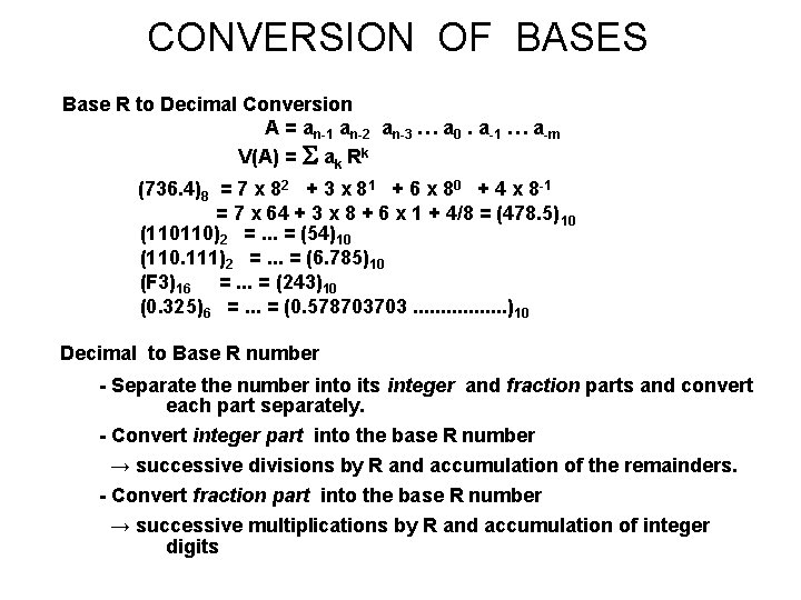 CONVERSION OF BASES Base R to Decimal Conversion A = an-1 an-2 an-3 …