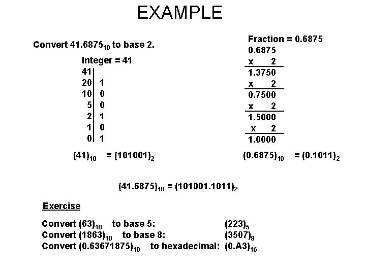 EXAMPLE Convert 41. 687510 to base 2. Integer = 41 41 20 1 10