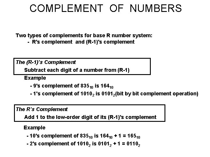 COMPLEMENT OF NUMBERS Two types of complements for base R number system: - R's