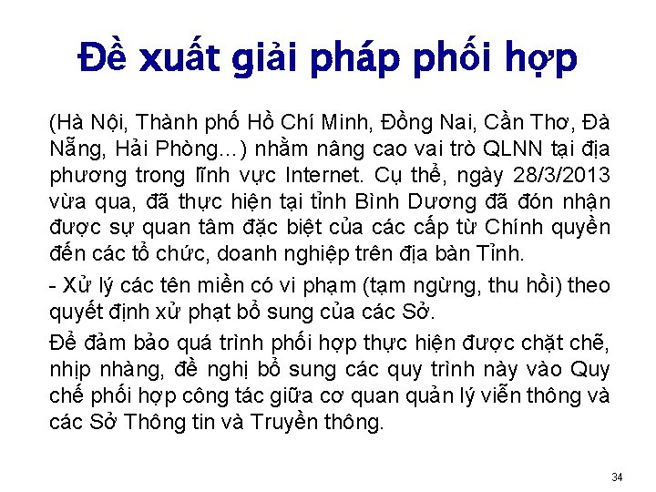 Đề xuất giải pháp phối hợp (Hà Nội, Thành phố Hồ Chí Minh, Đồng