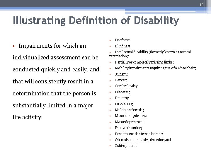 11 Illustrating Definition of Disability • Impairments for which an individualized assessment can be