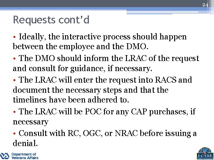 24 Requests cont’d • Ideally, the interactive process should happen between the employee and