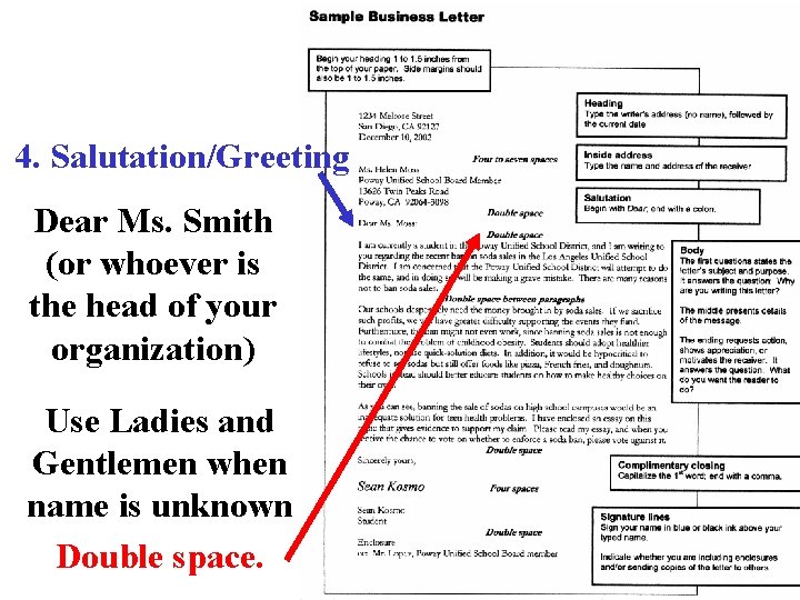 4. Salutation/Greeting Dear Ms. Smith (or whoever is the head of your organization) Use