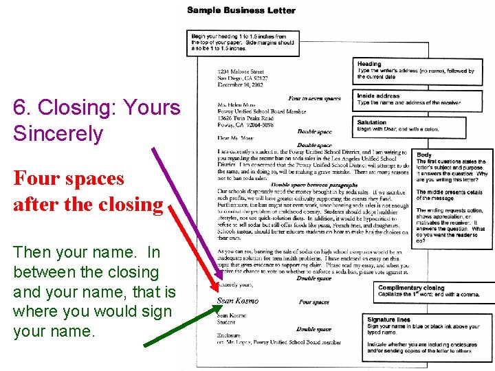 6. Closing: Yours Sincerely Four spaces after the closing Then your name. In between