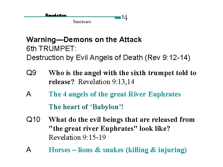 Revelation Seminars 14 Warning—Demons on the Attack 6 th TRUMPET: Destruction by Evil Angels