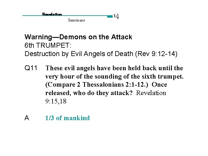 Revelation Seminars 14 Warning—Demons on the Attack 6 th TRUMPET: Destruction by Evil Angels
