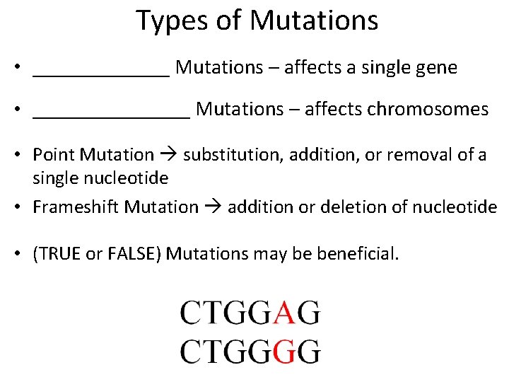 Types of Mutations • _______ Mutations – affects a single gene • ________ Mutations Types of Mutations • _______ Mutations – affects a single gene • ________ Mutations