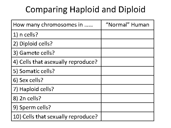 Comparing Haploid and Diploid How many chromosomes in …… 1) n cells? 2) Diploid Comparing Haploid and Diploid How many chromosomes in …… 1) n cells? 2) Diploid