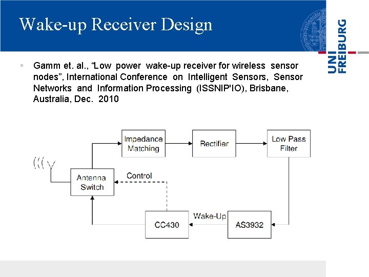 Wake-up Receiver Design § Gamm et. al. , “Low power wake-up receiver for wireless