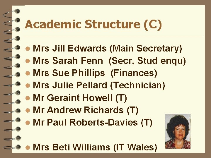 Academic Structure (C) l Mrs Jill Edwards (Main Secretary) l Mrs Sarah Fenn (Secr,