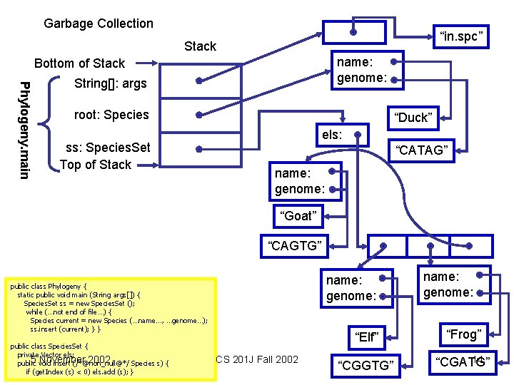 Garbage Collection “in. spc” Stack name: genome: Bottom of Stack Phylogeny. main String[]: args