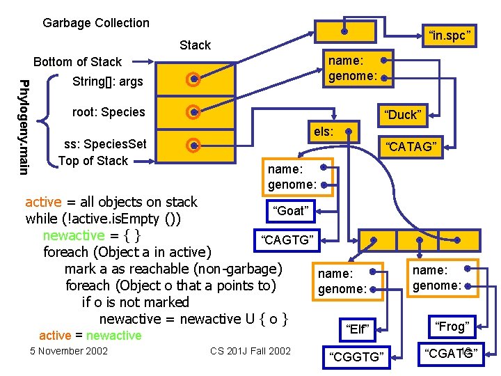 Garbage Collection “in. spc” Stack name: genome: Bottom of Stack Phylogeny. main String[]: args