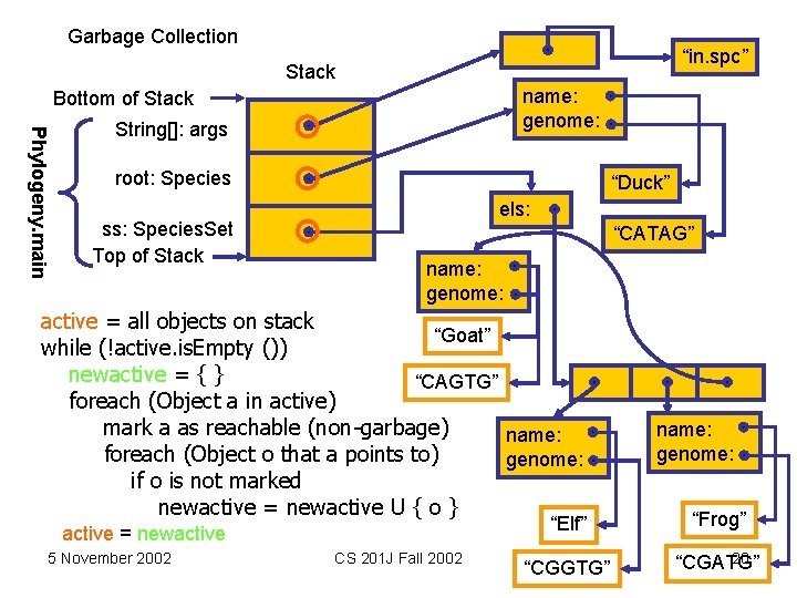 Garbage Collection “in. spc” Stack name: genome: Bottom of Stack Phylogeny. main String[]: args