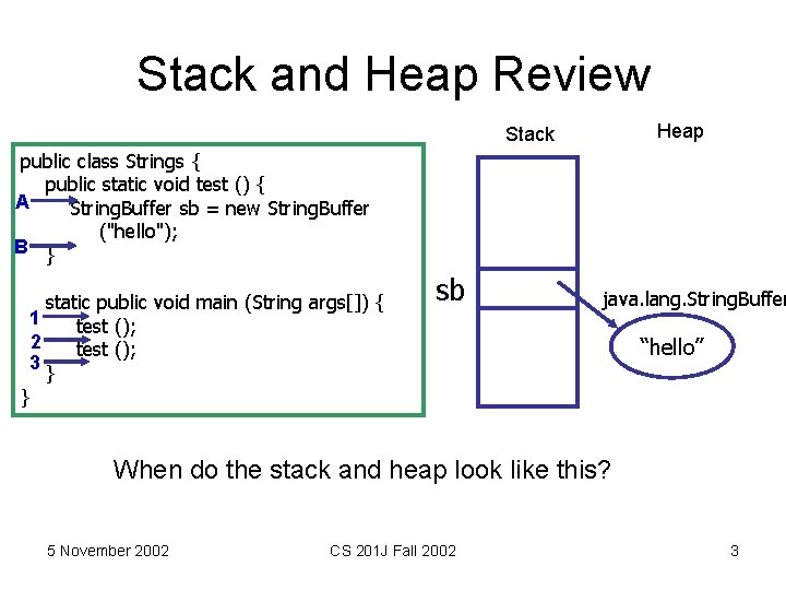 Stack and Heap Review Heap Stack public class Strings { public static void test