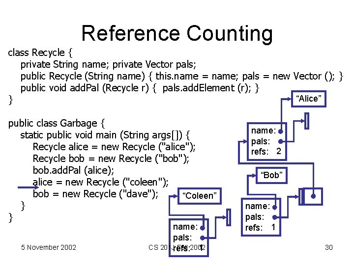 Reference Counting class Recycle { private String name; private Vector pals; public Recycle (String