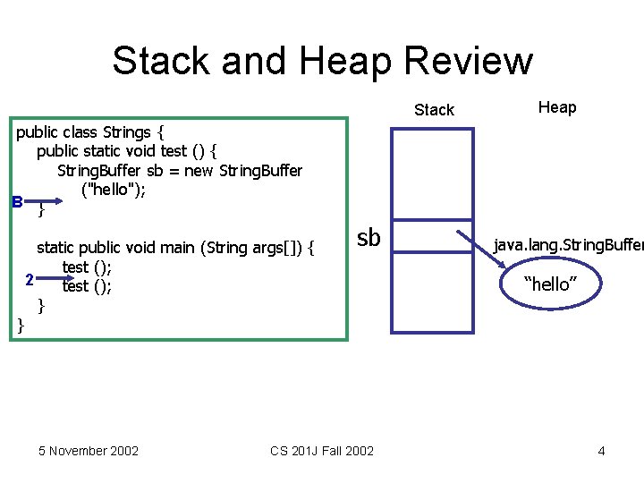 Stack and Heap Review Stack Heap public class Strings { public static void test