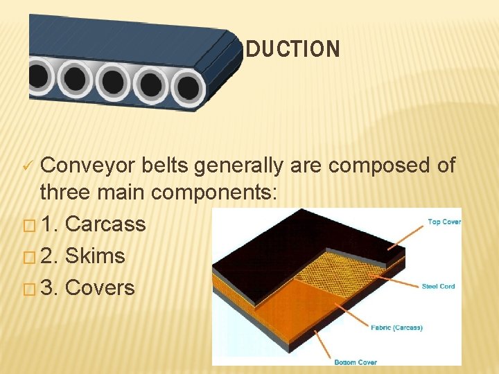 INTRODUCTION Conveyor belts generally are composed of three main components: � 1. Carcass �
