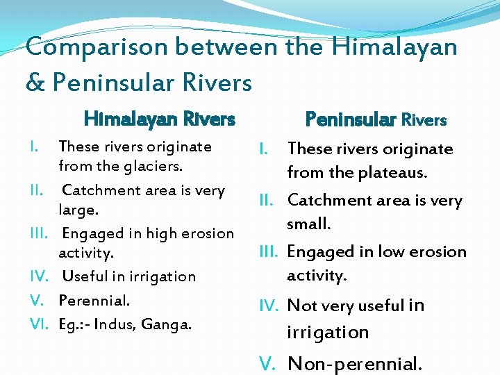 Comparison between the Himalayan & Peninsular Rivers Himalayan Rivers I. III. IV. V. VI.