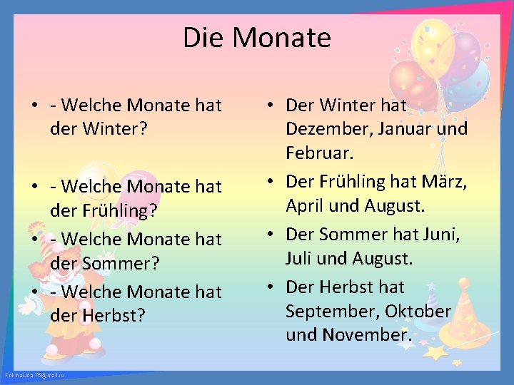 Die Monate • - Welche Monate hat der Winter? • - Welche Monate hat