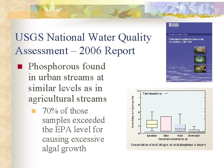 USGS National Water Quality Assessment – 2006 Report n Phosphorous found in urban streams