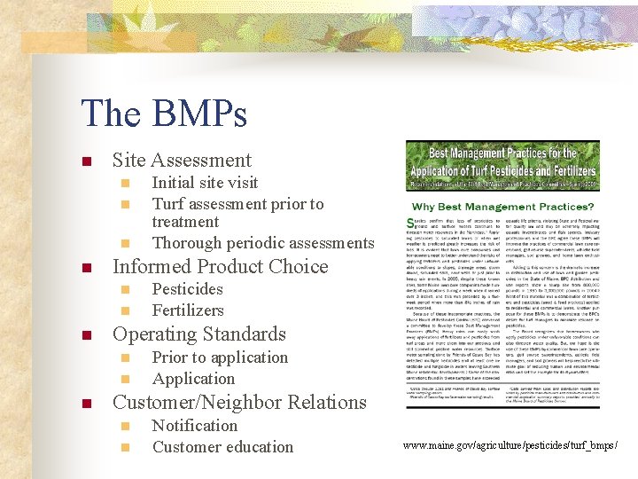 The BMPs n Site Assessment n n Informed Product Choice n n n Pesticides