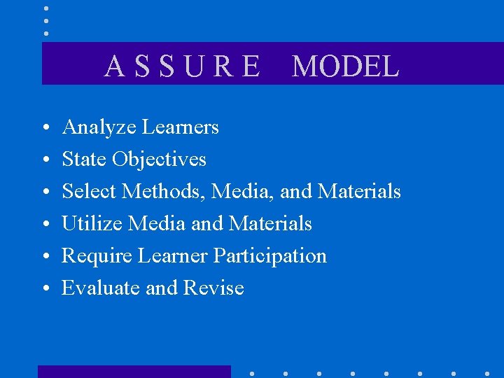 ASSURE • • • MODEL Analyze Learners State Objectives Select Methods, Media, and Materials