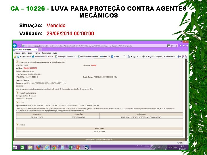 CA – 10226 - LUVA PARA PROTEÇÃO CONTRA AGENTES MEC NICOS Situação: Vencido Validade: