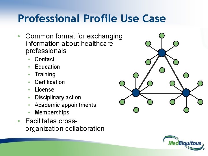 Professional Profile Use Case • Common format for exchanging information about healthcare professionals •