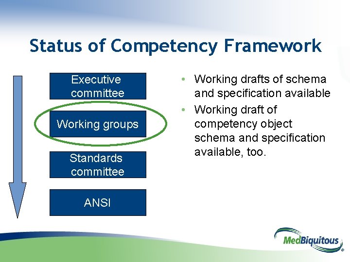 Status of Competency Framework Executive committee Working groups Standards committee • Working drafts of