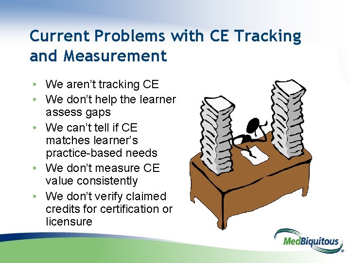 Current Problems with CE Tracking and Measurement • We aren’t tracking CE • We