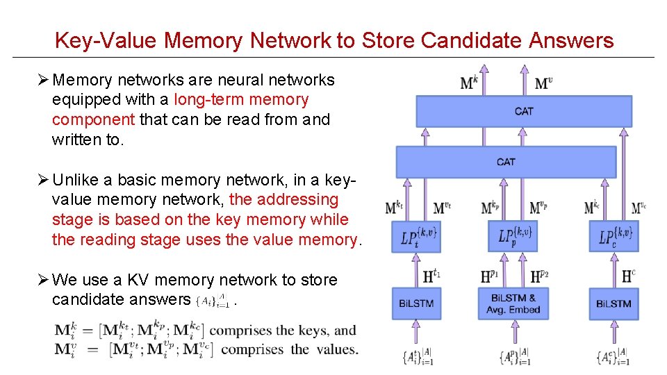 Key-Value Memory Network to Store Candidate Answers Ø Memory networks are neural networks equipped