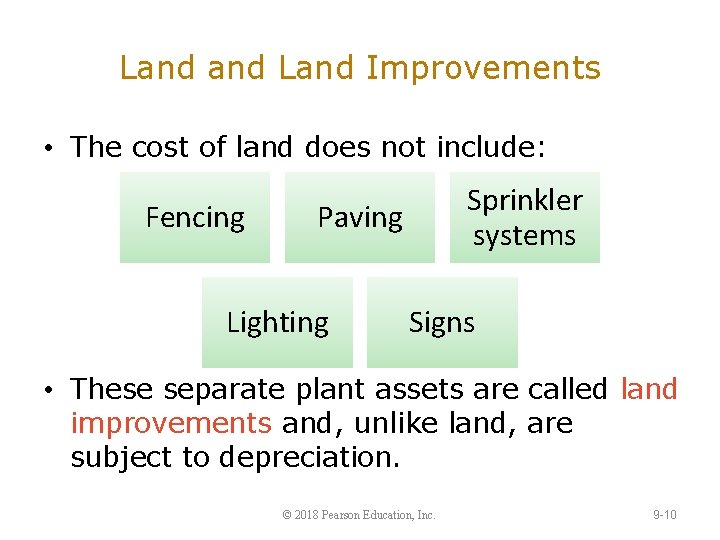 Land Improvements • The cost of land does not include: Fencing Sprinkler systems Paving