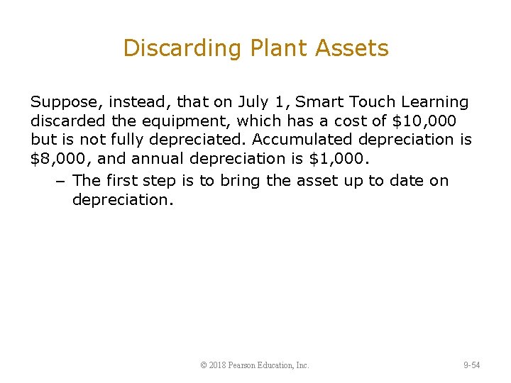 Discarding Plant Assets Suppose, instead, that on July 1, Smart Touch Learning discarded the