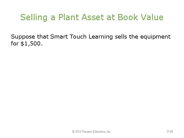 Selling a Plant Asset at Book Value Suppose that Smart Touch Learning sells the