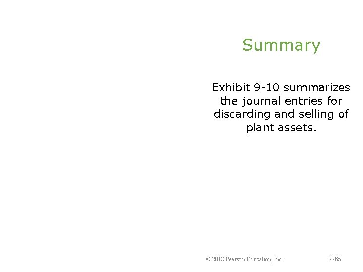 Summary Exhibit 9 -10 summarizes the journal entries for discarding and selling of plant